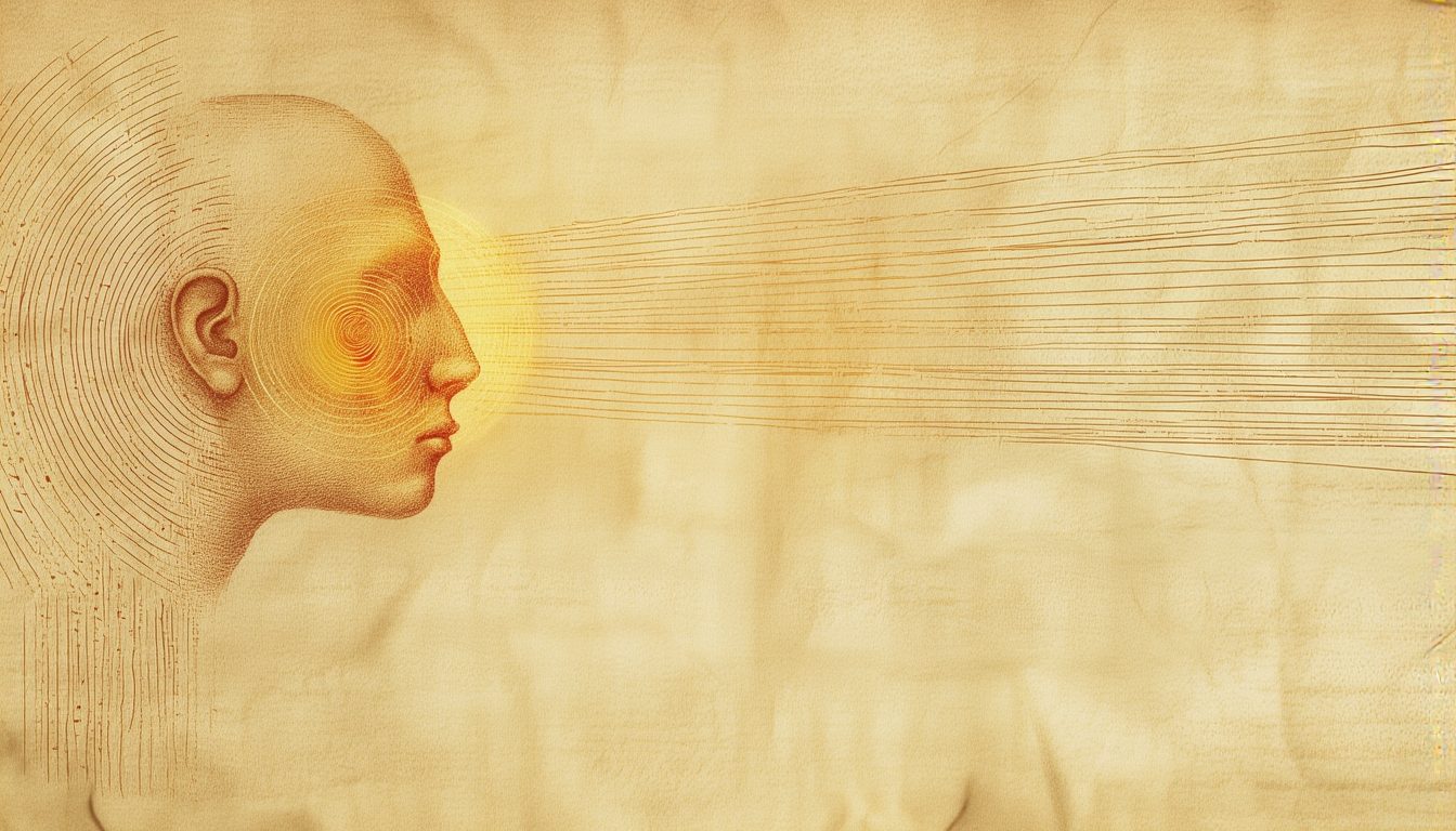 A beam of light entering a figure's head