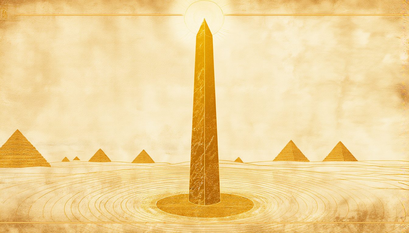 An obelisk standing in a field, beams of light
